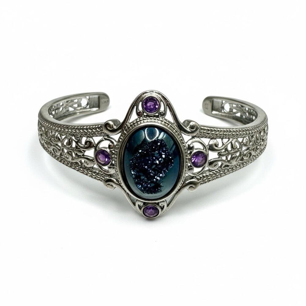 Karis Platinum Bonded Purple Amethys Clustert & CZs Fancy Cuff Bracelet